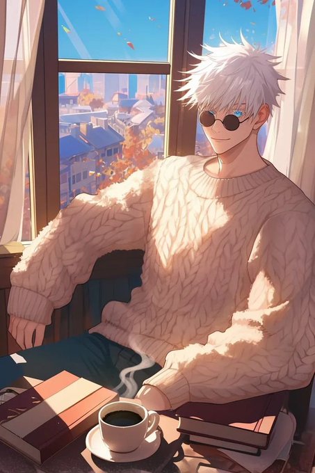 An anime illustration of a white-haired character wearing round sunglasses and a cream cable-knit sweater sitting by a window with a coffee cup, books, and autumn scenery outside.