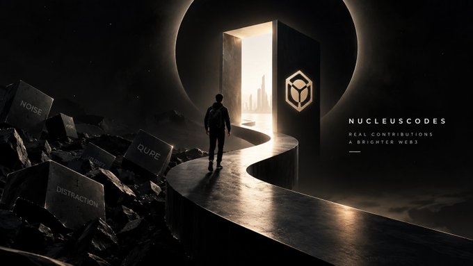 A digital artwork shows a figure walking toward a glowing portal labeled 'NUCLEUSCODES' with the tagline 'REAL CONTRIBUTIONS & BRIGHTER WEB', surrounded by blocks labeled 'NOISE', 'DUPE', and 'DISTRACTION'.