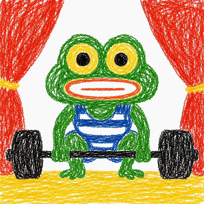 A colorful crayon-style drawing of a green frog with large yellow eyes and red lips, wearing a blue singlet, lifting a barbell in front of red theater curtains.