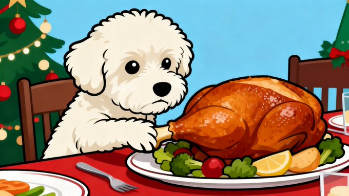 A cartoon illustration of a fluffy white dog sitting at a dining table next to a large roasted turkey, with a decorated Christmas tree in the background.
