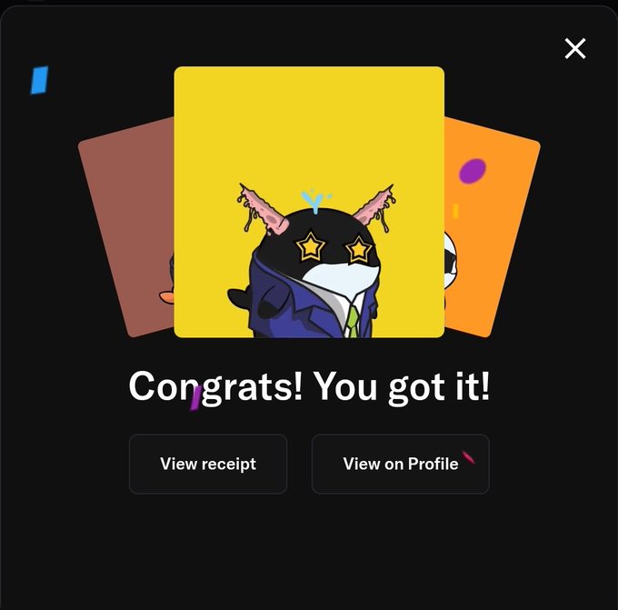 A dark-themed digital receipt popup displays "Congrats! You got it!" with a featured NFT card showing a cool cartoon whale character with pink-tipped horns, star eyes, and a blue suit on a yellow background, alongside two partially visible cards in red and orange. Two action buttons below read "View receipt" and "View on Profile," confirming a successful NFT purchase of a Whacky Whale collectible, which aligns perfectly with the post announcing the acquisition of three more from the @whacky_whales collection.