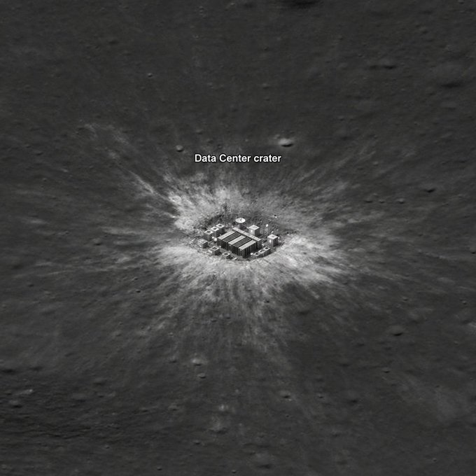 A grayscale aerial or lunar-like image showing a crater with structures at its center, labeled 'Data Center crater'.
