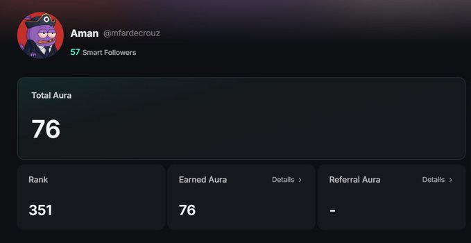 A profile page for 'Aman @mfardecrouz' showing '57 Smart Followers', 'Total Aura 76', 'Rank 351', 'Earned Aura 76', and 'Referral Aura -' on a dark background.