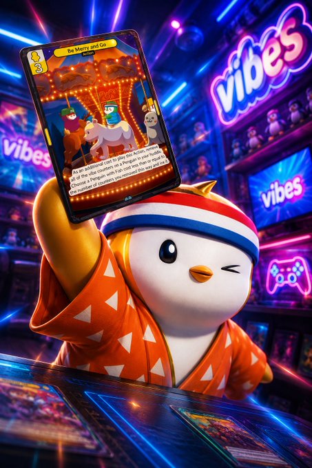 3D rendered character of a penguin wearing an orange and white outfit with a red, white, and blue headband, holding a trading card titled 'Be Merry and Go' in a neon-lit arcade setting with 'vibes' signage.
