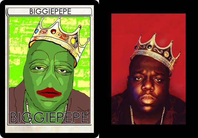 A side-by-side comparison image titled 'BIGGIEPEPE' showing a Pepe the Frog drawing wearing a crown on the left, and a photograph of the Notorious B.I.G. also wearing a crown on the right.