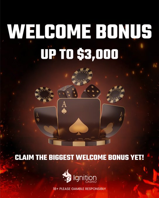 An Ignition Casino advertisement offering 'WELCOME BONUS UP TO $3,000' with playing cards, dice, and poker chips, including an '18+ PLEASE GAMBLE RESPONSIBLY' disclaimer.