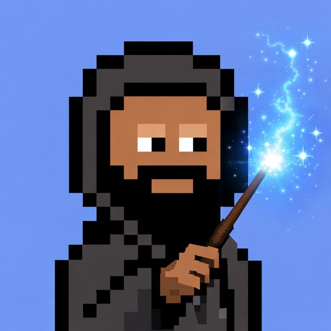 A pixel art illustration of a bearded man holding a glowing blue magic wand against a solid light blue background.