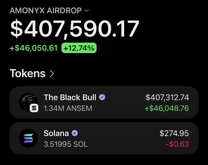 The image shows a crypto wallet display titled "AMONYX AIRDROP" displaying a balance of $407,590.17 (+$46,050.61, +12.74%), primarily held in a token called "The Black Bull" (1.34M ANSEM, $407,312.74) with a small amount of Solana (3.51995 SOL, $274.95). This appears to be a promotional screenshot designed to support a post soliciting Solana addresses and promoting a supposed upcoming airdrop from "@coldtrz," likely a common crypto scam tactic that uses fake balance screenshots to lure victims into connecting their wallets or sharing private information.