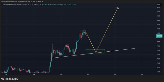A candlestick chart on TradingView shows the Crypto Total Market Cap (excluding BTC and ETH) around $824 billion, with a white ascending trendline drawn from late July and yellow arrows illustrating a potential bounce from the support zone toward new highs near $950B, aligning with the post's call for patience as the market retests support before resuming its uptrend.