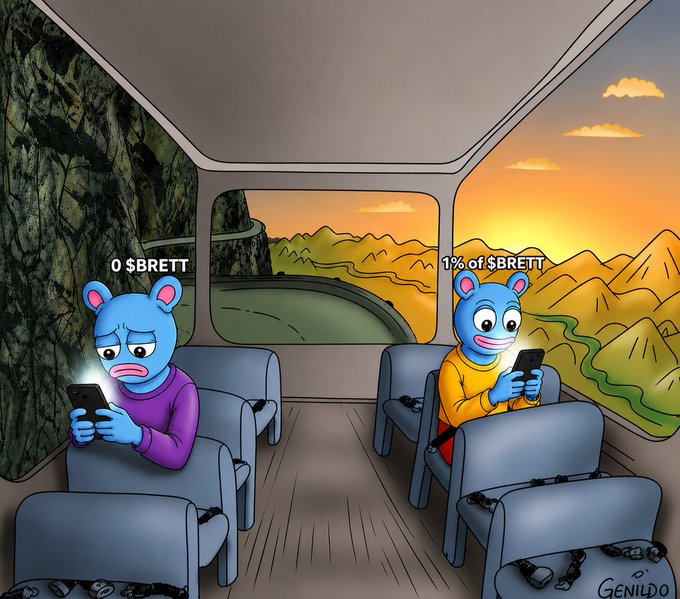 The image features two cartoon characters, one wearing a purple shirt and holding a cell phone while sitting next to another character wearing an orange shirt with their eyes closed. The text "0 SBRETT" appears multiple times near these characters. This suggests that there might be some sort of connection between the characters or the post they are associated with.
