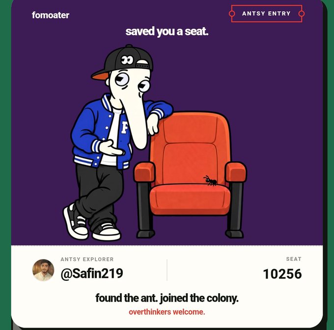 Fomoater app graphic featuring a cartoon character leaning against a red armchair with a small ant on it, accompanied by the text 'saved you a seat' and 'found the ant. joined the colony. overthinkers welcome.'