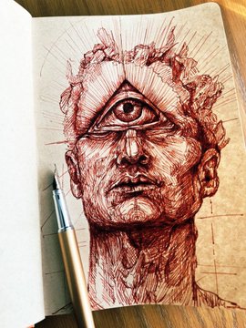 A detailed red ink drawing of a face with a third eye on the forehead, with a pen resting on the open sketchbook page.