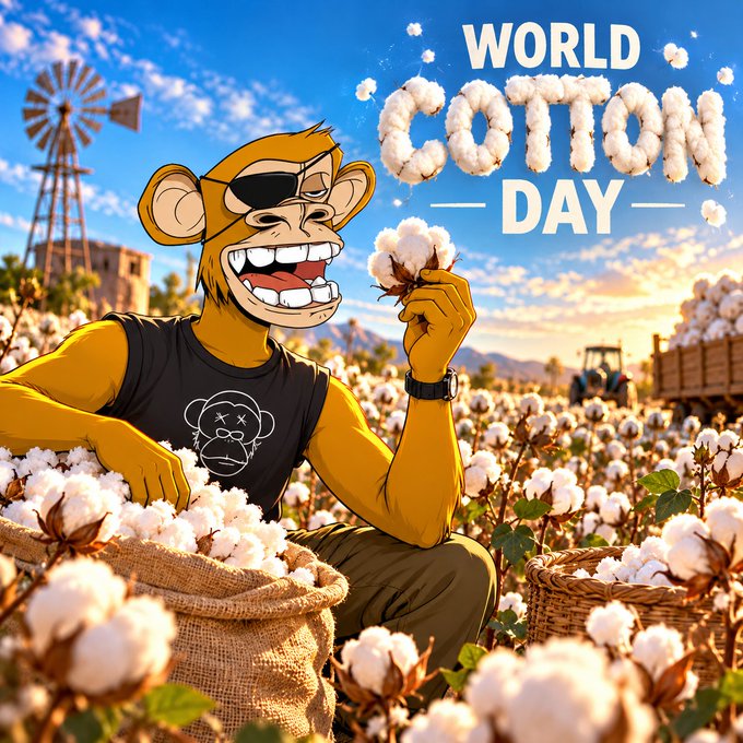 A cartoon illustration features a yellow monkey wearing an eye patch in a cotton field, with the text 'WORLD COTTON DAY' styled in fluffy white letters.