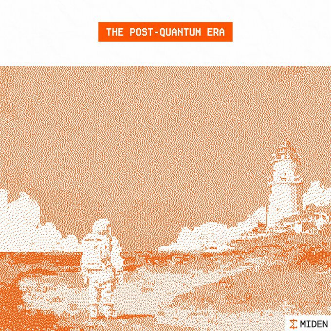 An orange and white pixelated illustration of an astronaut and a lunar lander on a moon-like surface, titled 'THE POST-QUANTUM ERA' with the Miden logo.