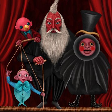 A surreal painting featuring a red-faced man with a long white beard in a black suit standing beside a small figure on a swing and a doll-like figure in a black ruffled dress.