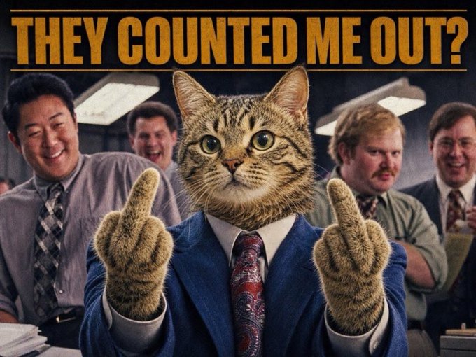 A cat in a business suit with raised middle fingers stands defiantly in front of a laughing office crowd, beneath the bold yellow text "THEY COUNTED ME OUT?" — a humorous underdog statement that mirrors the post's message about holding firm while others dismiss you, letting time and consistency prove your worth in the market.