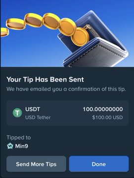 A digital tipping confirmation screen titled "Your Tip Has Been Sent" showing 100.00000000 USDT ($100.00 USD) tipped to a user named "Min9", with buttons to "Send More Tips" or "Done".
