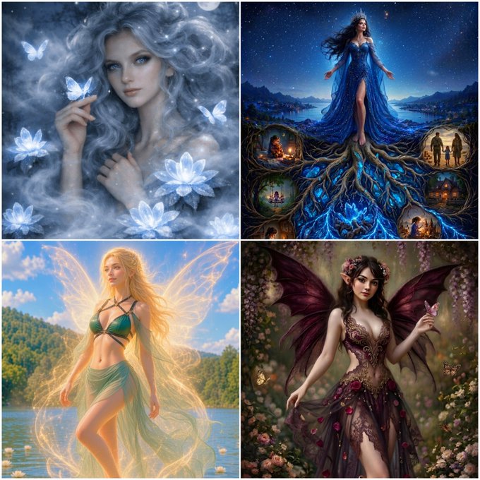 A four-panel collage of fantasy AI-generated artwork featuring ethereal women: a pale goddess with white hair surrounded by blue lotus flowers and butterflies, a woman in a flowing blue dress with roots spreading into miniature scenes, a blonde fairy in green attire hovering above a lake, and a dark-haired fairy in a burgundy dress amid flowers.