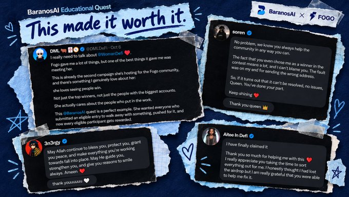 A promotional graphic titled 'BaranosAI Educational Quest' with the headline 'This made it worth it.', featuring several positive user testimonials.