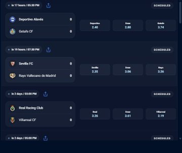 A sports betting interface displays upcoming scheduled football matches with odds, including Deportivo Alavés vs Getafe CF (Aug 17, 05:00 PM), Sevilla FC vs Rayo Vallecano de Madrid (Aug 19, 07:00 PM), and Real Racing Club vs Villarreal CF (Aug 7, 05:00 PM).