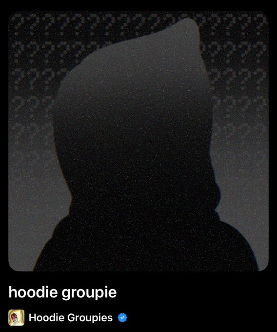 A dark, grainy silhouette of a person wearing a hoodie. Text at the bottom reads 'hoodie groupie' alongside the verified handle 'Hoodie Groupies'.