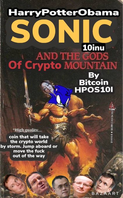 A book cover parody titled 'HarryPotterObama SONIC 10inu AND THE GODS Of Crypto MOUNTAIN By Bitcoin HPOS101' featuring muscular fantasy warriors, Barack Obama's face superimposed on Sonic, and a quote about a high-quality coin taking the crypto world by storm.