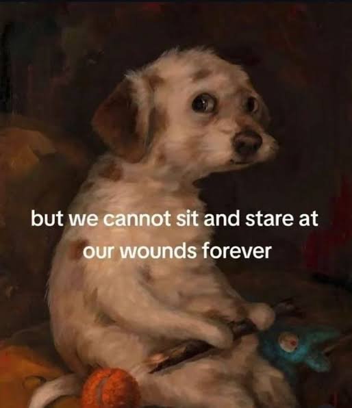 Classical painting-style image of a sad-looking puppy with text overlay reading 'but we cannot sit and stare at our wounds forever.'