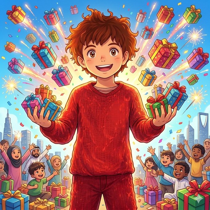 The image features a young boy wearing a red sweater, holding up presents with colorful gift boxes above his head. The scene takes place in front of a crowd of people who are also holding presents. The background includes buildings and fireworks, creating an atmosphere of celebration or festivity. The image is accompanied by a caption that reads "وصلت ي حبيبنا قصي الله يسعدك والله يعوضك @CRYPTOKSA".