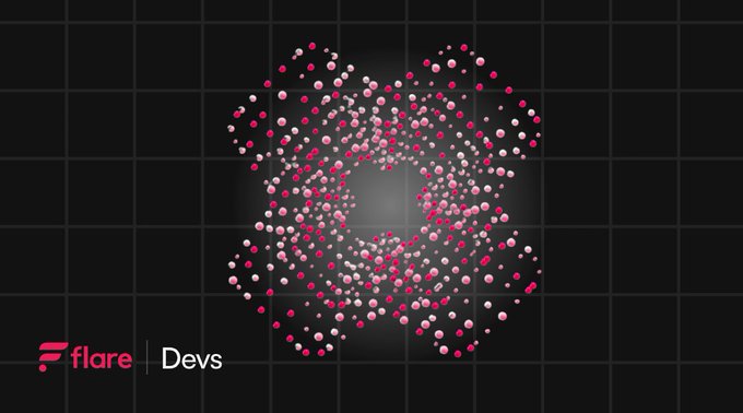 A stylized "X" logo composed of pink and white particles on a black grid background, with "flare Devs" text in the bottom left corner, visually representing Flare's blockchain acronyms (FTSO, FDC, FAssets, FSA) being broken down into plain-English explanations.