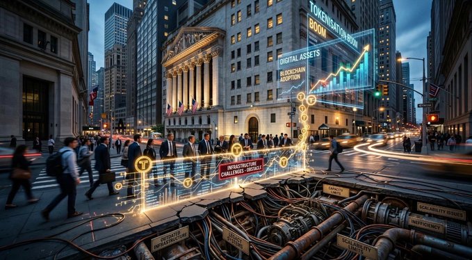 A futuristic digital illustration depicting Wall Street with holographic blockchain displays labeled 'TOKENIZATION BOOM' and 'DIGITAL ASSETS,' with pipes labeled 'INFRASTRUCTURE' and 'SCALABILITY' in the foreground.