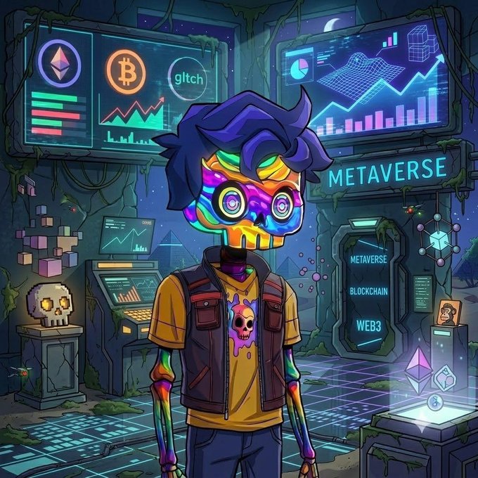 A vibrant digital artwork of a colorful, robot-like character with glowing eyes standing in a cyberpunk setting, with screens displaying 'METAVERSE,' 'BLOCKCHAIN,' and 'WEB3.'