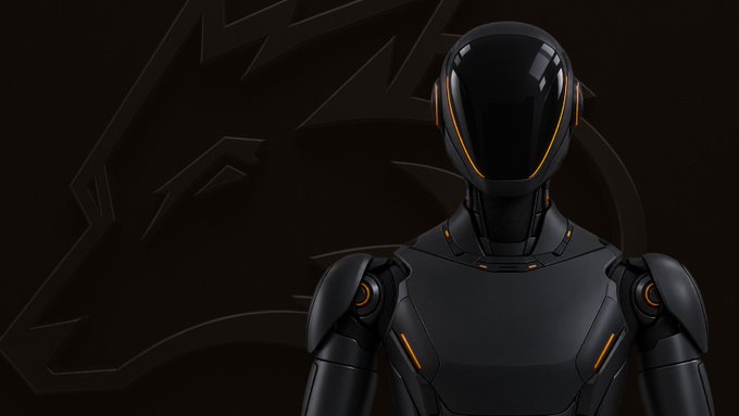 A sleek black robot with orange accents stands against a dark background featuring a stylized emblem.