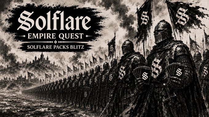 A monochromatic, medieval-style illustration depicts a vast army of armored knights holding banners and shields emblazoned with an "S" logo, advancing toward a distant castle fortress. The bold text overlay reads "Solflare — Empire Quest — Solflare Packs Blitz," directly promoting the giveaway event offering Solflare Packs and a chance to win $3,000 USDC in prizes.