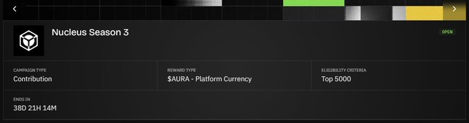 Mobile screenshot of a campaign interface for Nucleus Season 3, a Contribution campaign rewarding $AURA platform currency, eligible to Top 5000, ending in 38 days, 21 hours, 14 minutes.