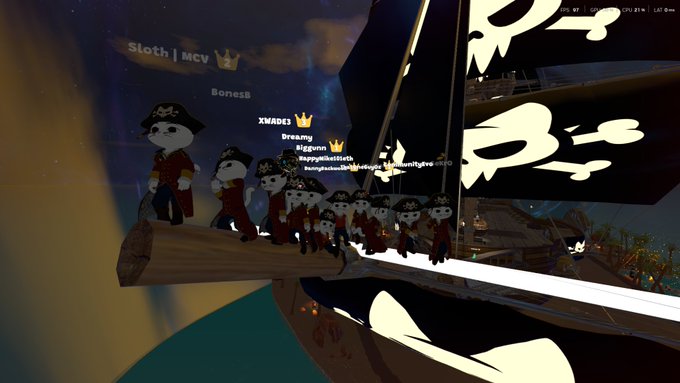 A screenshot from a virtual video game featuring a line of panda characters dressed as pirates standing on a wooden plank extending from a pirate ship at night, with player names like 'Sloth | MCU', 'BonesB', 'XMADE3', and 'Dreamy' floating above them.