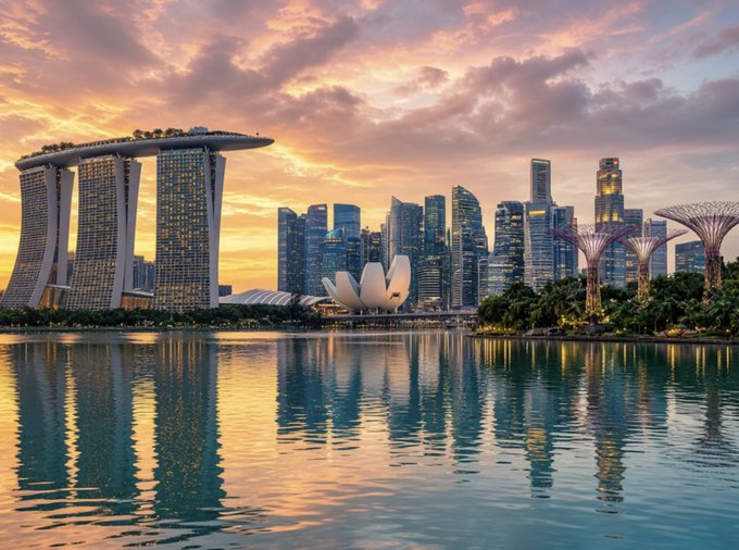 A stunning sunset view of the Singapore skyline featuring the iconic Marina Bay Sands hotel, ArtScience Museum, and Supertree Grove reflected in the calm waters below.