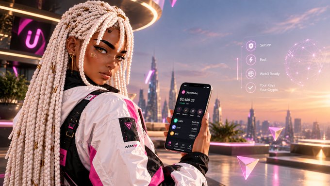 A digital artwork of a woman with long white braids in futuristic pink and white attire holding a smartphone displaying a crypto portfolio worth $2,480.32, set against a cyberpunk cityscape.