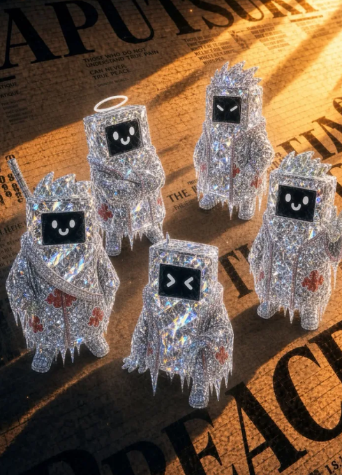 Five diamond-encrusted robot figurines with playful digital faces stand triumphantly on an "APOSTLE" newspaper backdrop, their glittering armor and ice-like spikes symbolizing a bullish, fortified stance in the market.

The image's sparkly, "diamond hands" aesthetic visually reinforces the post's defiant message of buying confidently while others panic.