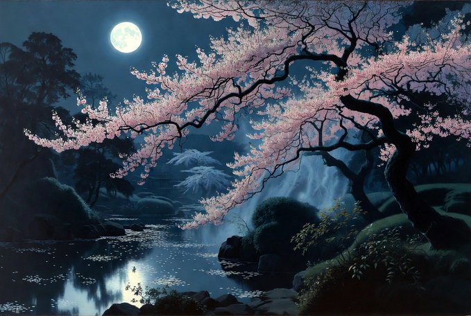 A serene nighttime landscape featuring a full moon illuminating cherry blossom trees overhanging a tranquil pond with a small waterfall in the background.