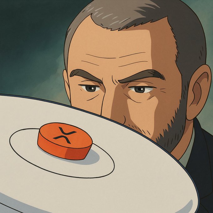 The post shows an illustration of SEC Chair Gary Gensler intently staring at a plate with a single pill labeled "XRP," referencing his indecision over approving an XRP ETF. The image humorously depicts him contemplating the decision while the post, in frustration, urges him to "just flip the switch already."