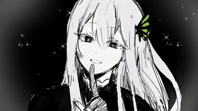 A monochrome anime-style illustration of a long-haired girl with a green butterfly hair ornament, set against a dark, sparkly background with faint Japanese characters. It appears to be a stylized NFT project watchlist graphic accompanying a post about GigaLegends, Jimmy NFTs, and the NULL project.