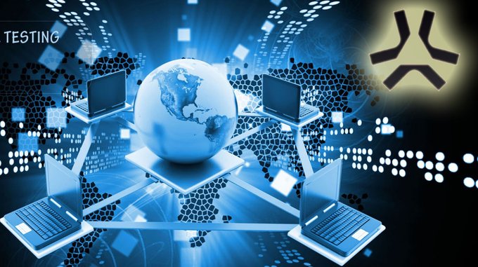 A digital graphic showing laptops connected to a central globe with the word 'TESTING' and a star-like symbol in the corner.