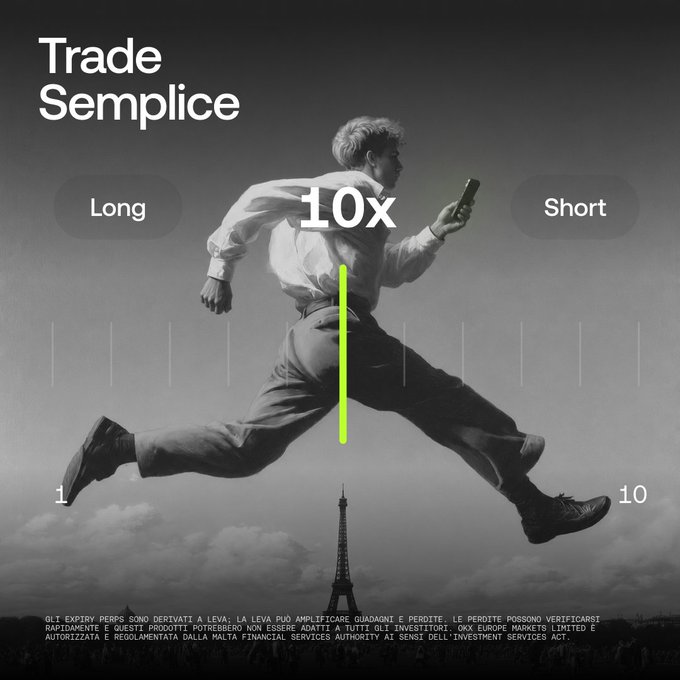 Grayscale promotional image for a 'Trade Semplice' app showing 'Long', '10x', and 'Short' options with a running man jumping over the Eiffel Tower, including Italian financial disclaimer text at the bottom.