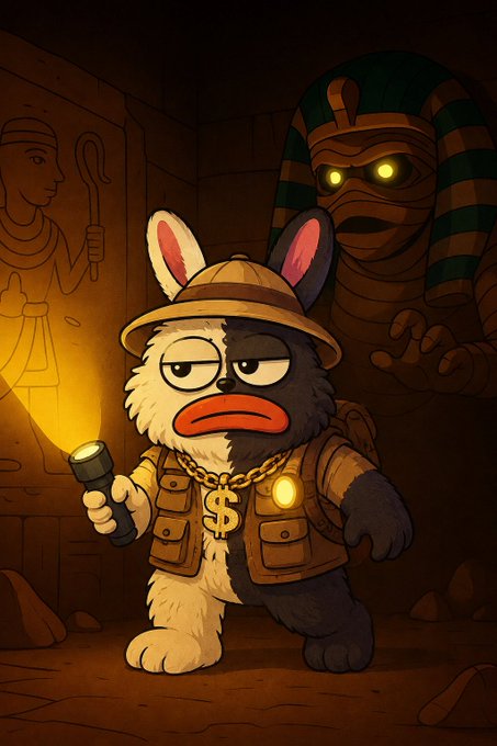 Cartoon-style digital illustration of a black and white furry character wearing an explorer's hat and a dollar sign chain, holding a flashlight in a dark, Egyptian-themed tomb setting with hieroglyphs and a glowing-eyed mummy in the background.