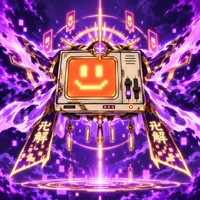 An anime-style illustration of a retro computer monitor with a glowing orange smiley face screen, adorned with golden ornaments, purple flames, and banners with Chinese characters.