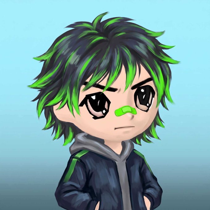 A digital chibi-style illustration of a character with messy dark hair featuring bright green highlights, large expressive eyes, a small green bandage on the nose, and wearing a dark gray hoodie, set against a blue gradient background.