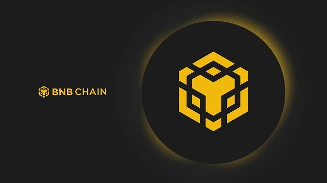A dark graphic displays the yellow BNB Chain logo, featuring a geometric cube design, alongside the text 'BNB CHAIN'.