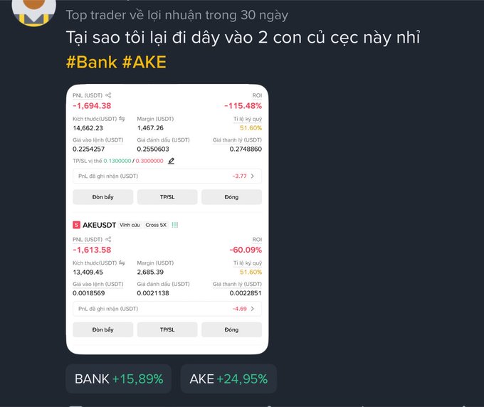 Vietnamese-language trading app screenshot showing heavy losses. The top reads 'Top trader về lợi nhuận trong 30 ngày' and 'Tại sao tôi lại đây vào 2 con củ cực này nhỉ #Bank #AKE'. Shows two positions: PNL (USDT) -1,694.38 (ROI -115.48%) and AKEUSDT -1,613.58 (ROI -60.09%). Bottom shows BANK +15.89% and AKE +24.95%.