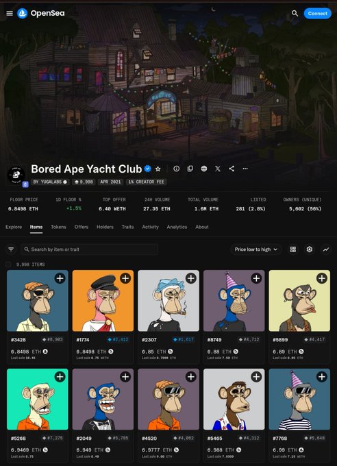 An OpenSea NFT marketplace page displays the "Bored Ape Yacht Club" collection by Yuga Labs, showing various ape items priced in ETH.
