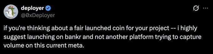 A tweet from verified user @0XDeployer reads: "if you're thinking about a fair launched coin for your project -- i highly suggest launching on bankr and not another platform trying to capture volume on this current meta." The image relates to the accompanying post by emphasizing platform integrity, aligning with the warning against compromising principles for short-term gains ("shekels").